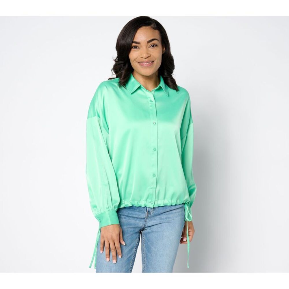 SUNNYLiFE Women's Top Sz XS Satin Button Front Shirt Green A639426